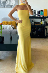 Sexy Solid Color Patchwork Halter Long Dresses